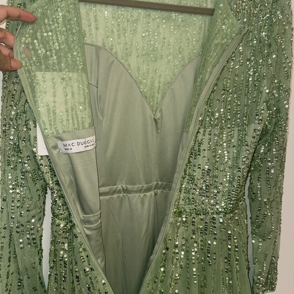 NWT| 5636 Sage Green Illusion High Neck Long Sleeve Embellished Gown Size 10 - Picture 14 of 15